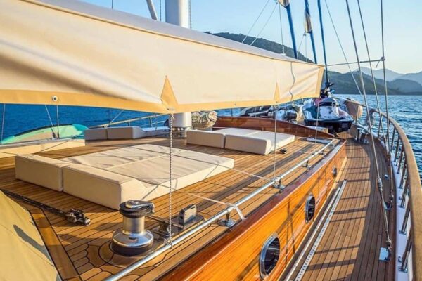 Wicked Felina Luxurious Gulet Yacht deck in Turkey emphasizing premium comfort and style for gulet charter cruises.
